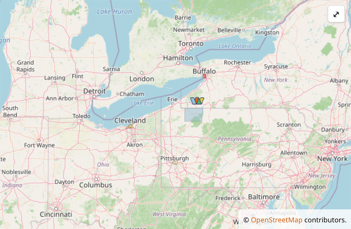 Regional map of the Northeastern United States and Great Lakes, highlighting the exact location of Warren County in Northwestern Pennsylvania.