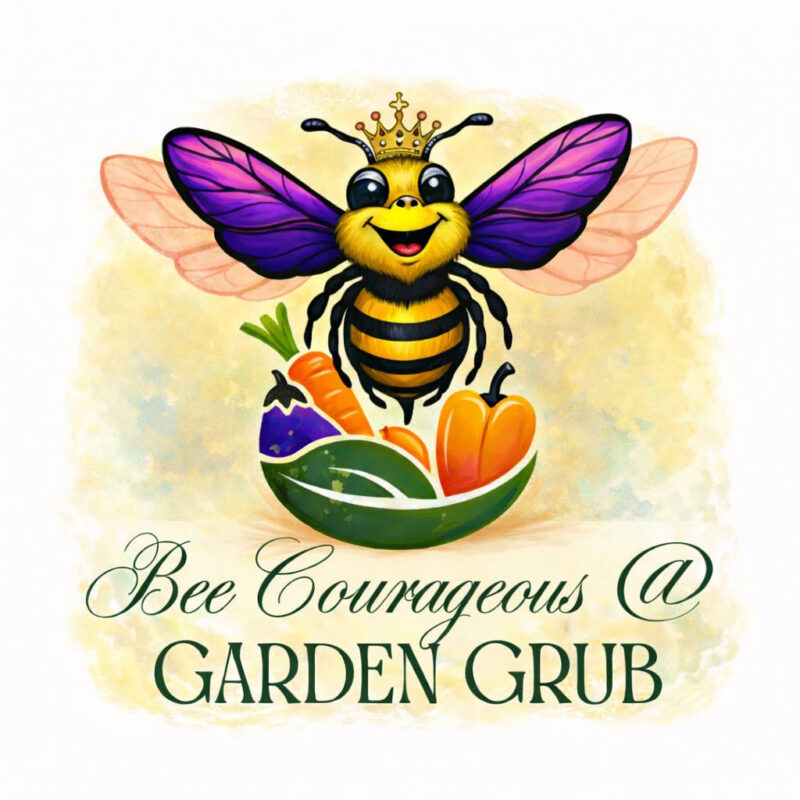 Square cropped version of the Bee Courageous @ Garden Grub logo showing a crowned bee with purple wings above a basket of vegetables.