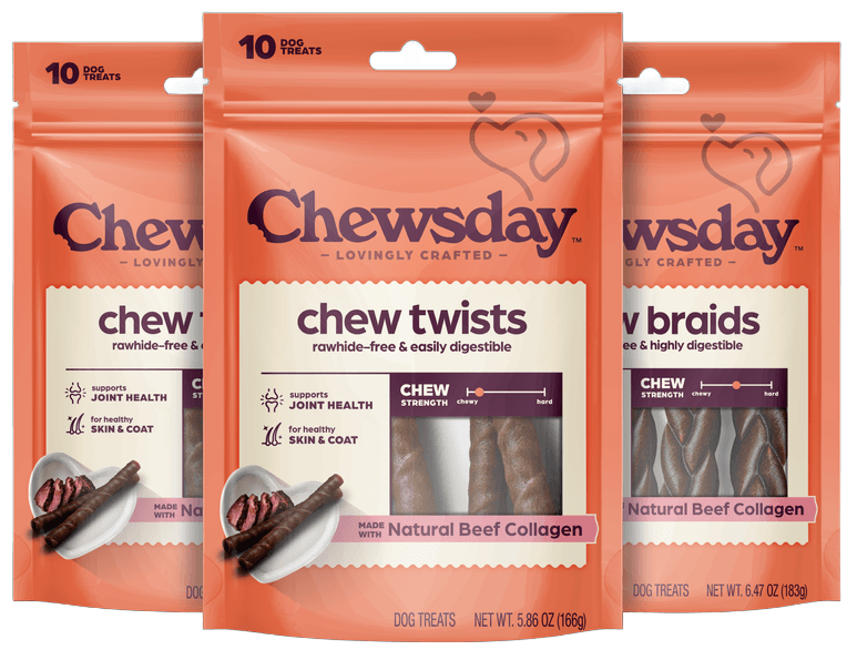 Chewsday natural beef collagen chew twists and chew braids packaging for dogs