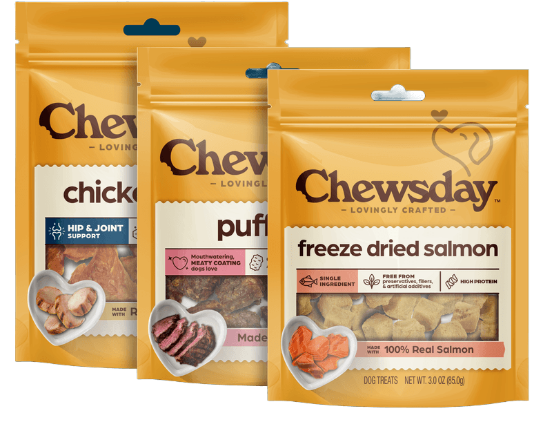 Chewsday freeze-dried salmon, chicken, and puffed dog treats packaging lineup